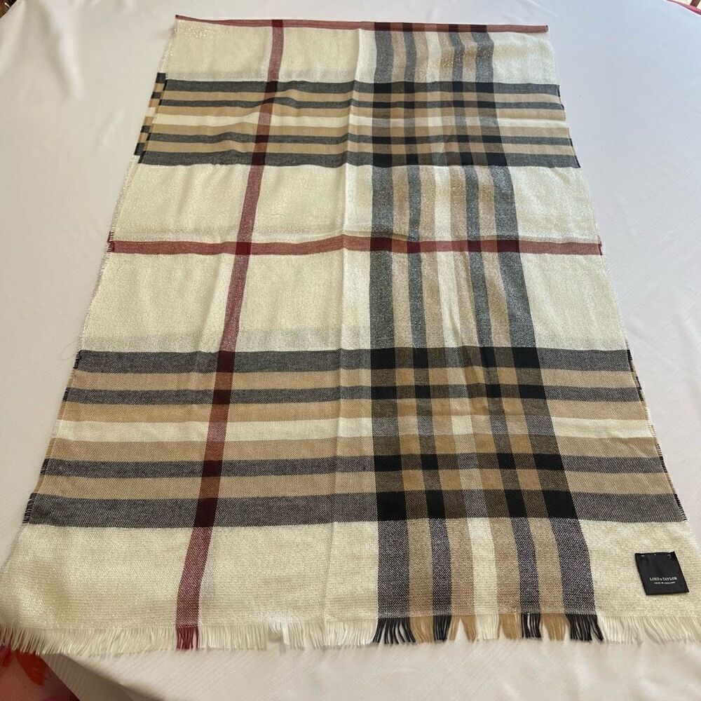 Lord & Taylor Plaid Shimmer Light Weight Wool Blend Scarf